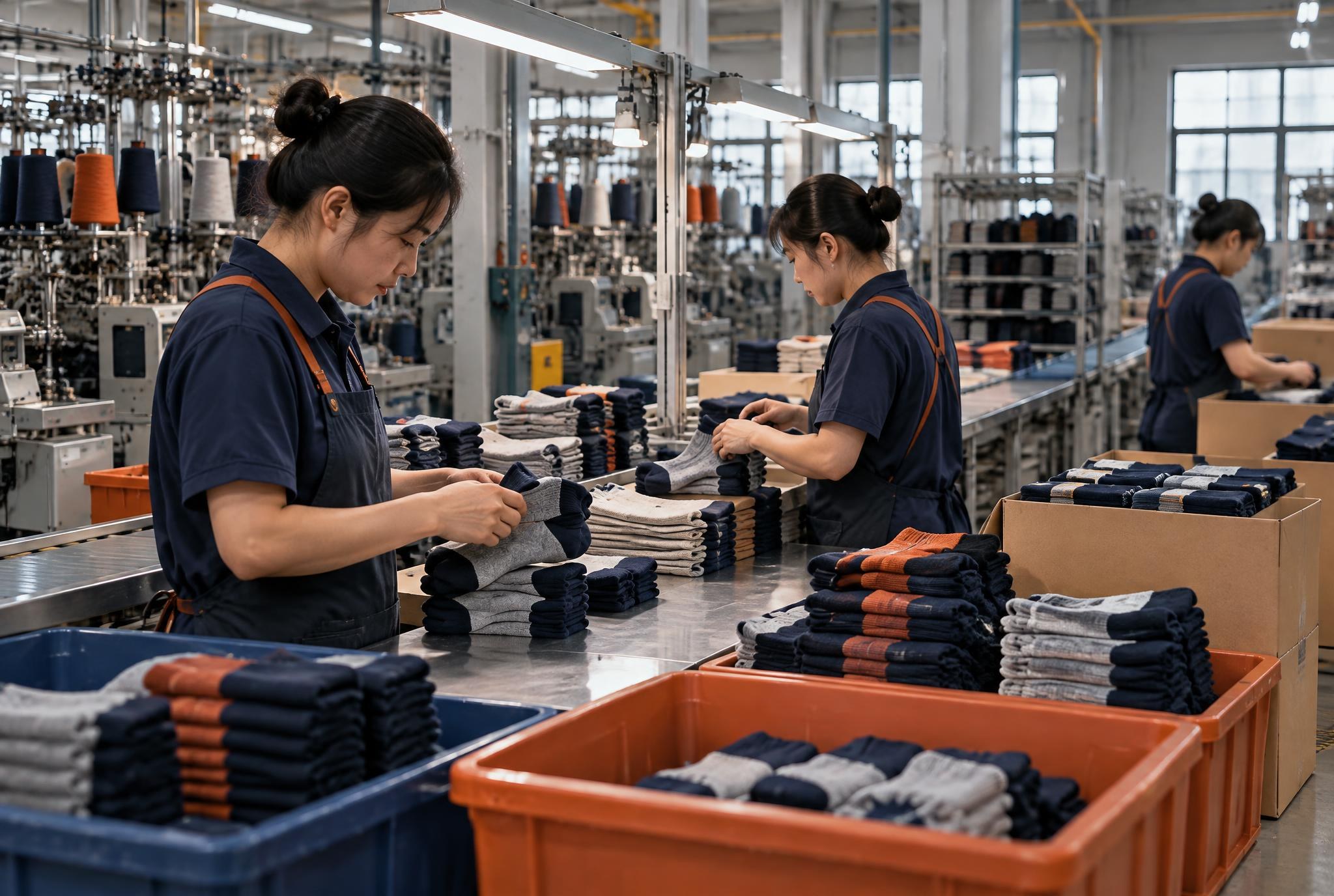 Sock knitting and finishing line in a partner factory