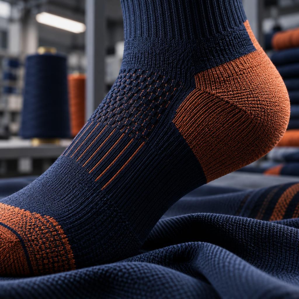 Close-up of a performance sock's arch support and heel knit construction
