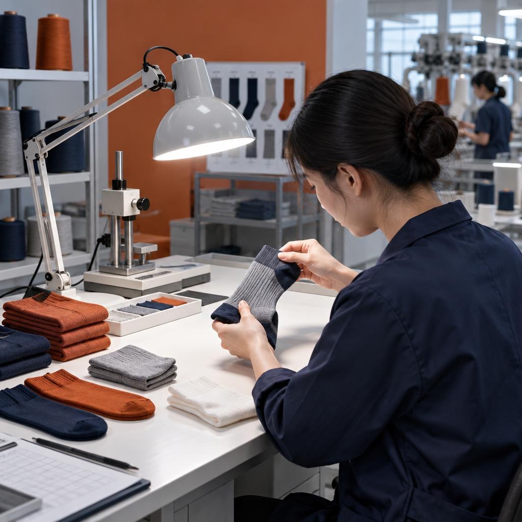 Sock quality control testing on a production line